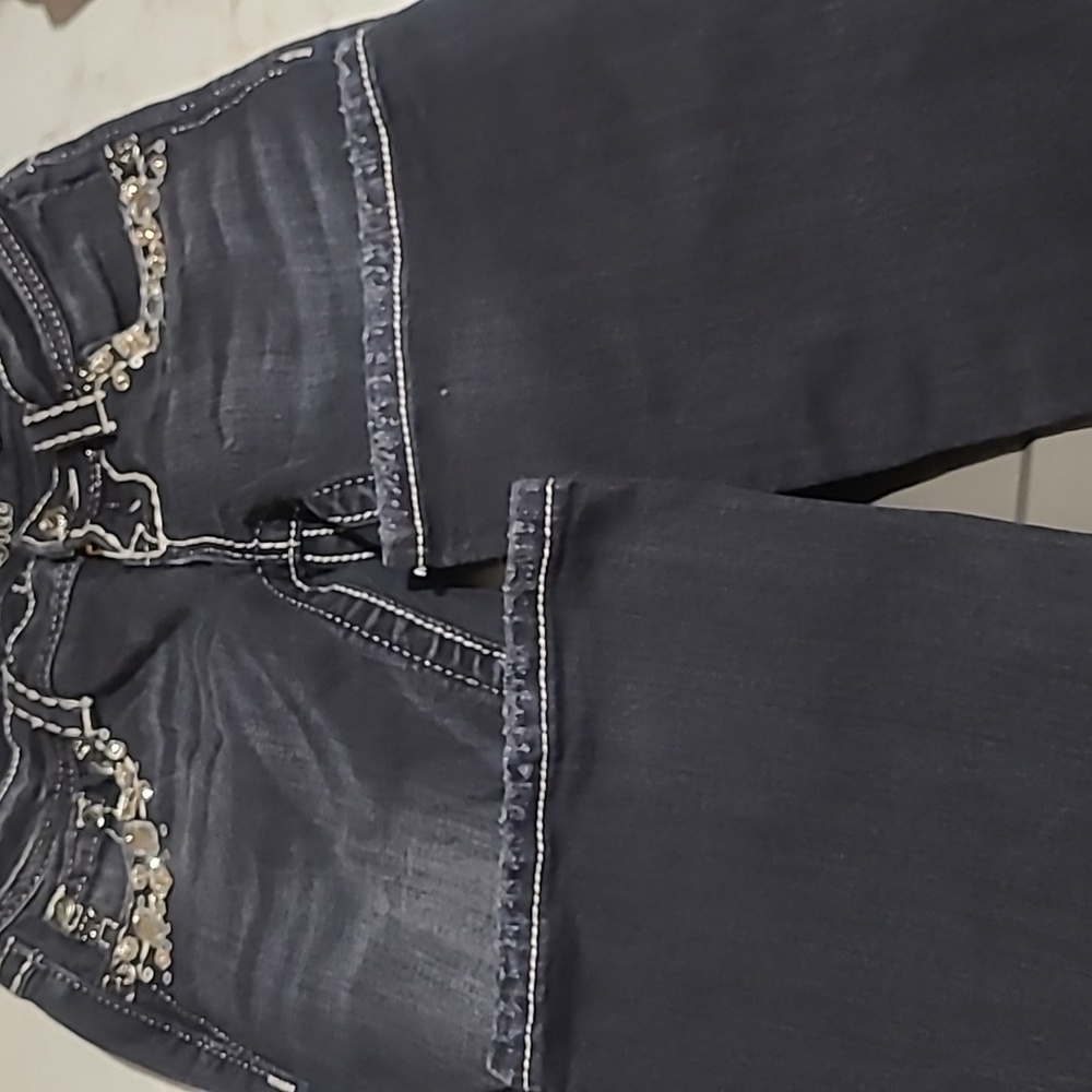 Miss Me  Jeans with White Stitching and Rhinestones Dark Blue Or Black Sz 24 - Picture 10 of 12